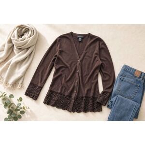 Pointelle Brown Silk Blend Beaded Lace Trim Cardigan Cottagecore Women